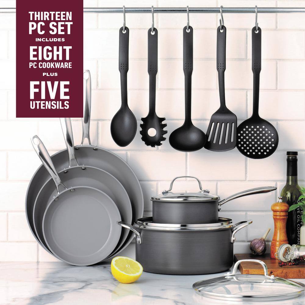GRANITESTONE Professional 13-Piece Aluminum Hard Anodized Grey Ceramic Coating Nonstick Premium Cookware Set with Utensils