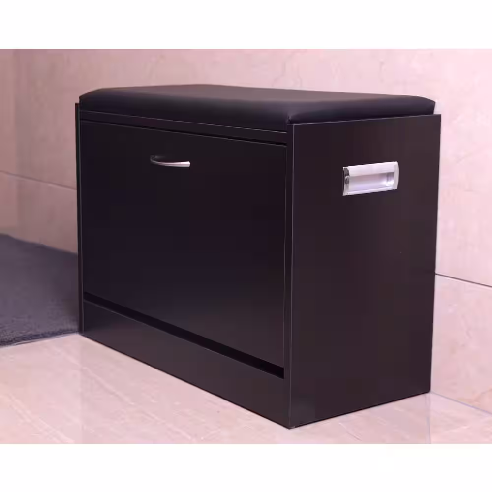 Basicwise Black Wooden Fold Out Shoe Organizer Shoe Storage Bench with Leather Cushion
