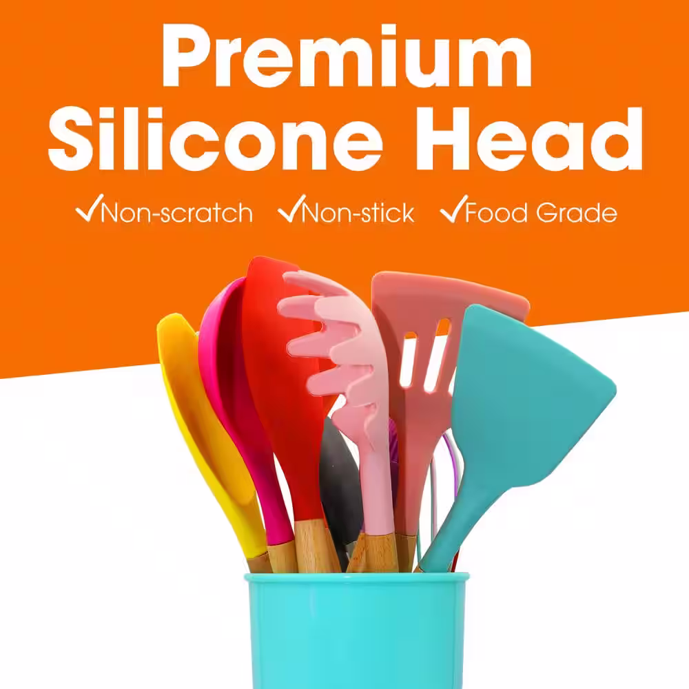 CHEER COLLECTION 12 Piece Multicolor Silicone Spatula Set with Wooden Handles - Non-Stick Silicone Utensils for Cooking