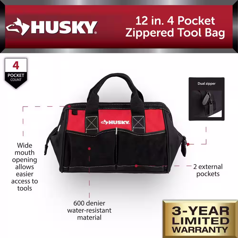 Husky 12 in. 4-Pocket Zippered Tool Bag (6-Pack)