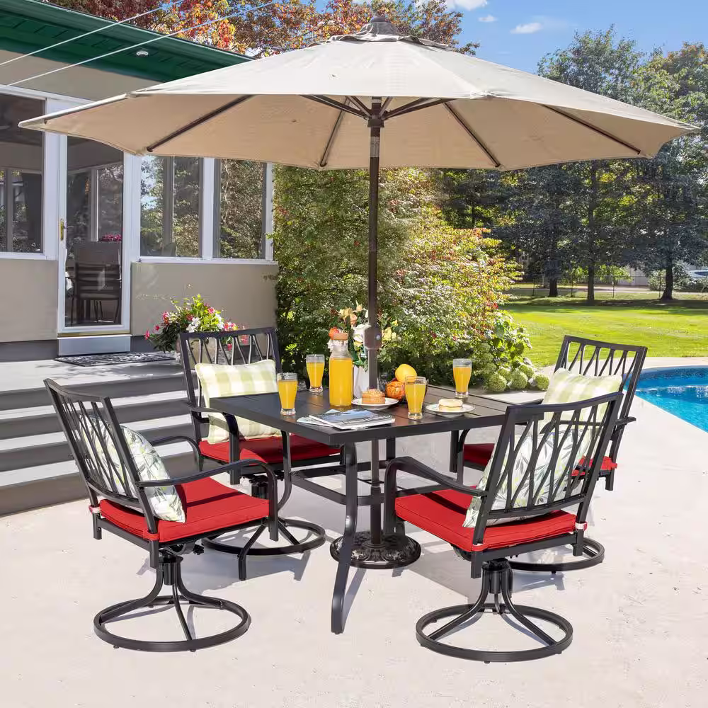 Nuu Garden Black 5-Piece Metal Square Outdoor Dining Set with Cushion Patio Furniture Set with Swivel Chair