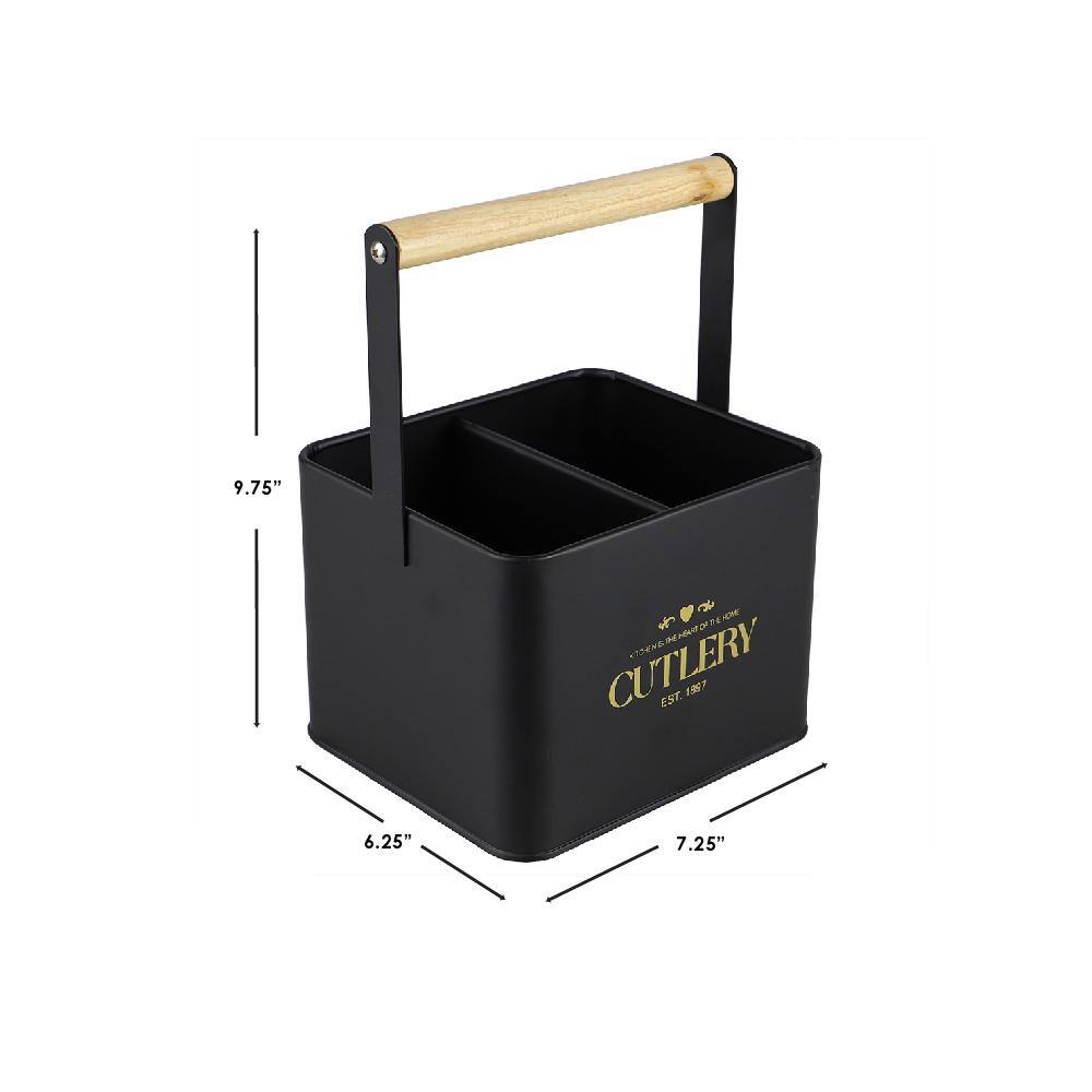 Home Basics Bistro Sectioned Metal Holder with Bamboo Handle, Black