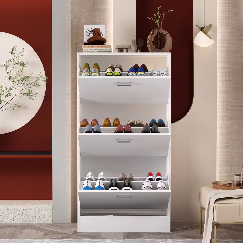 None 23.6 in. W x 45.5 in. H White Wood Shoe Storage Cabinet with 6-Foldable Compartments up to 18-Pairs