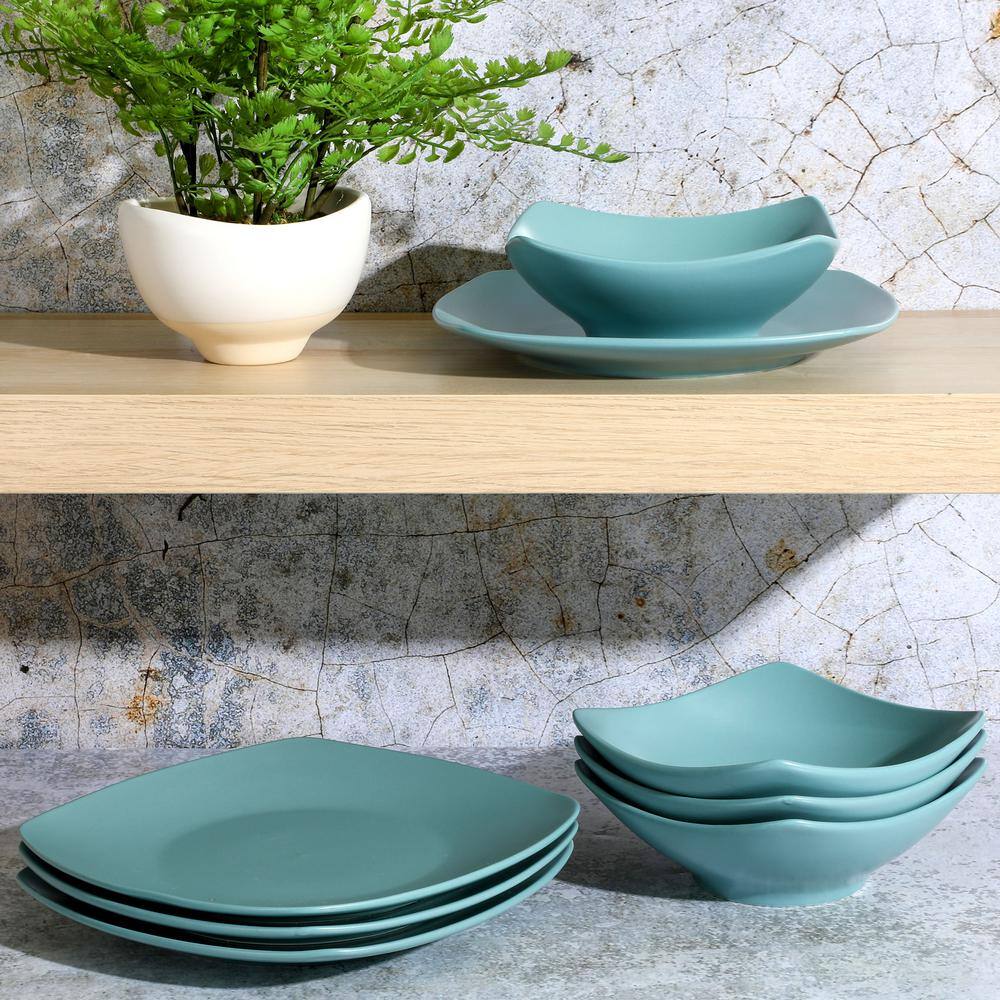 GIBSON HOME Zen Buffetware 12-Piece Arctic Blue Matte Square Fine Ceramic Dinnerware Set