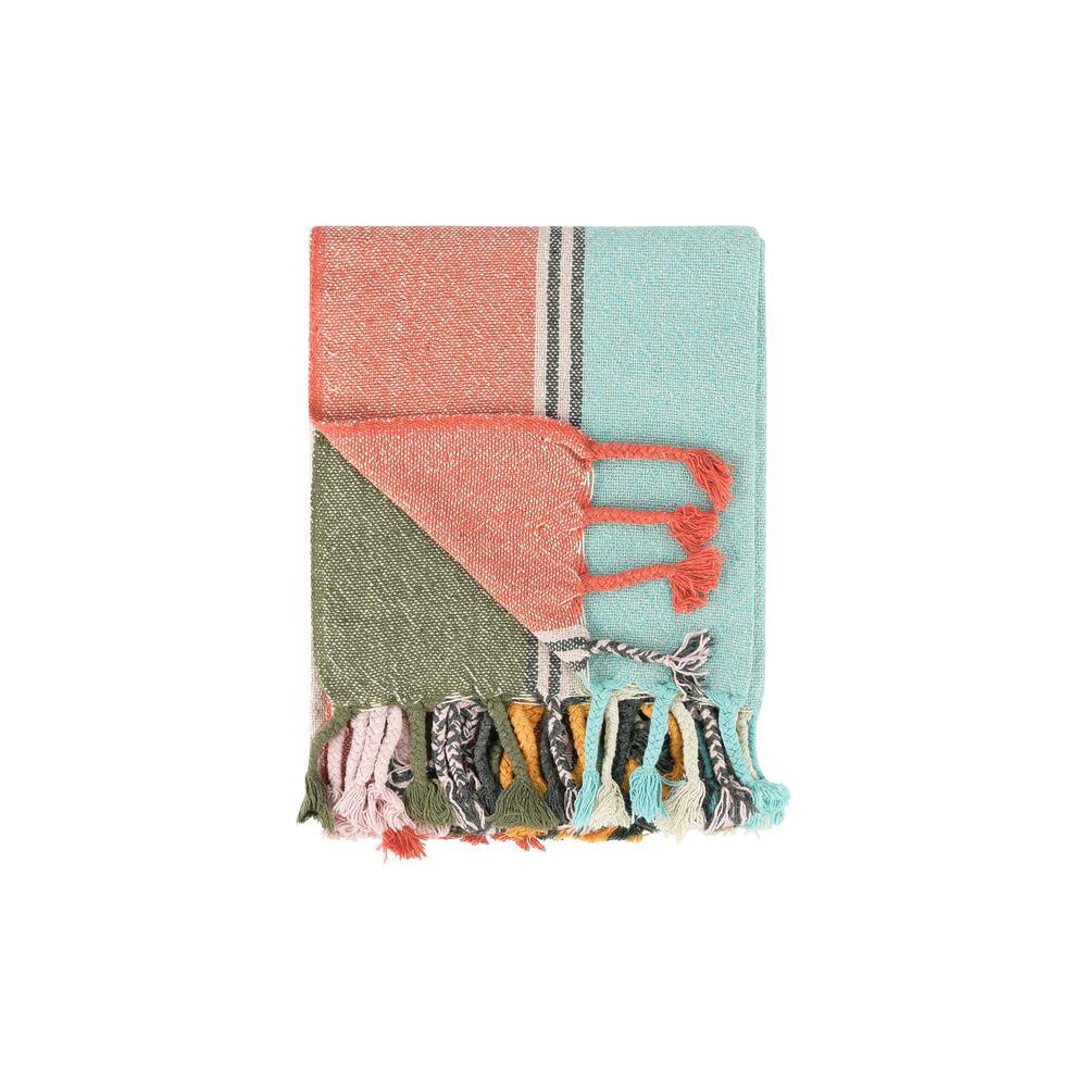 Storied Home 60 in. L x 50 in. W Multicolor Recycled Cotton Blend Striped Throw with Braided Fringe