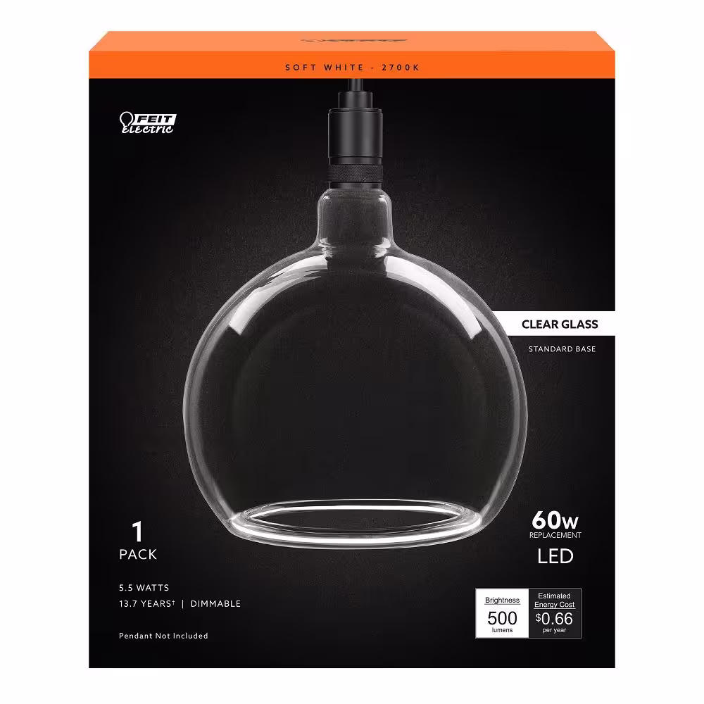 Feit Electric 60-Watt Equivalent Round Dimmable Oversized Clear Glass E26 Medium Base LED Light Bulb, Soft White 2700K
