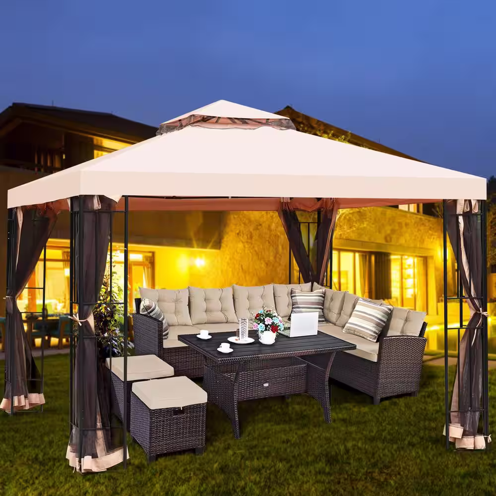 Alpulon 10 ft. x 10 ft. Light Brown Outdoor Patio Canopy Tent with Netting (2-Tier)
