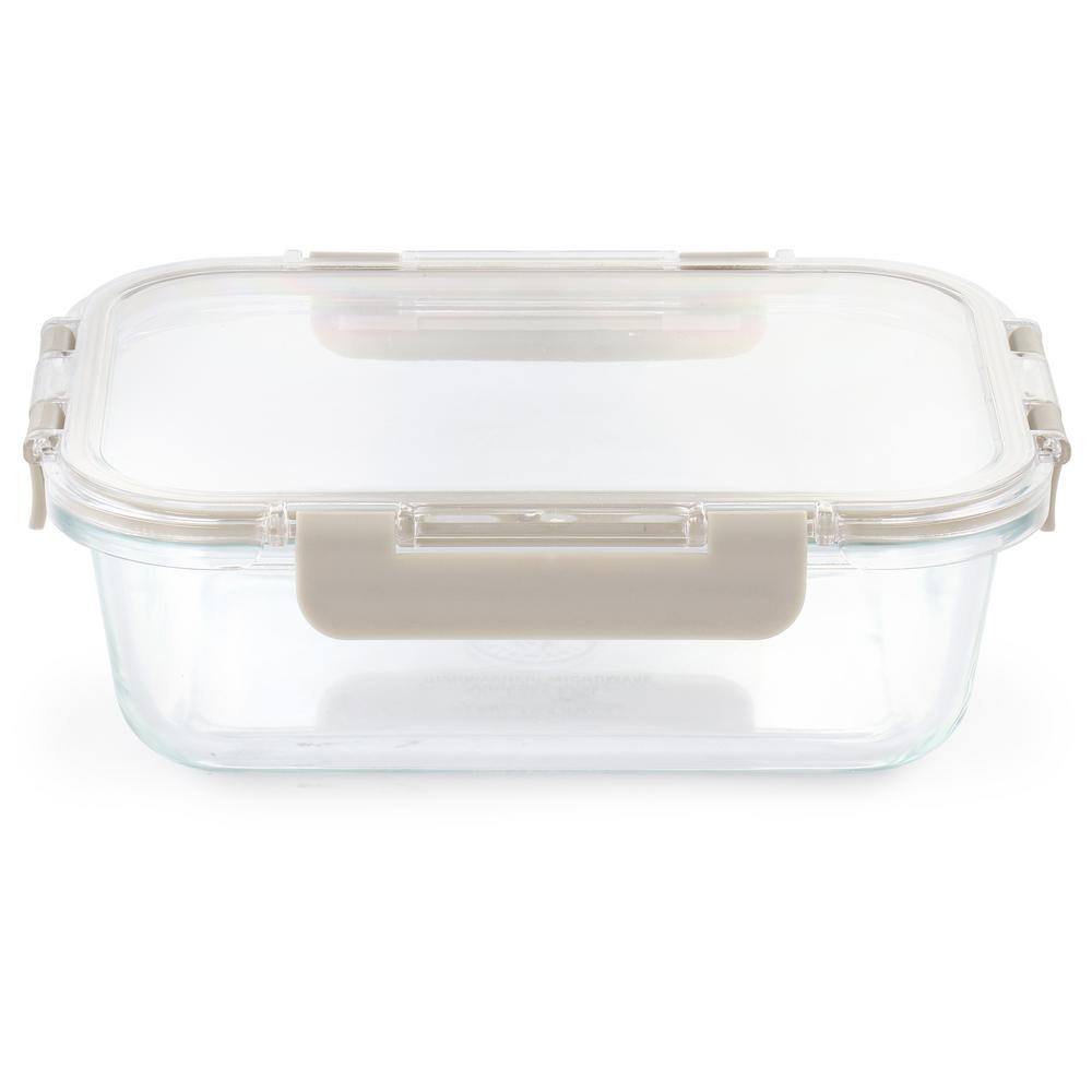 None 35 oz. Rectangular Glass Storage Container with Snap-On Lid in Taupe