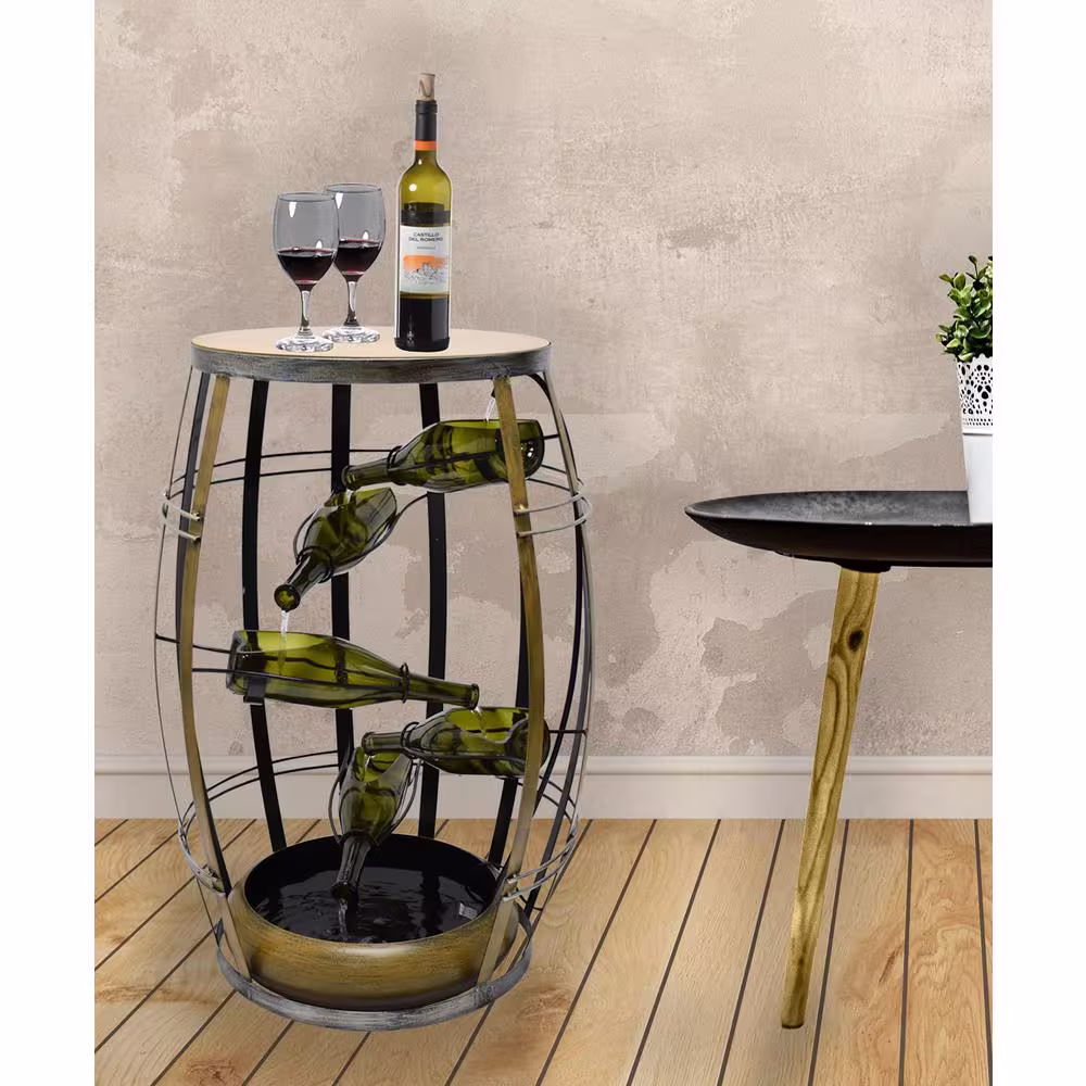 Vintiquewise Vintage Metal Barrel Design Cascading Waterfall Floor Water Fountain with Tiering Wine Bottles Yard Art Decor