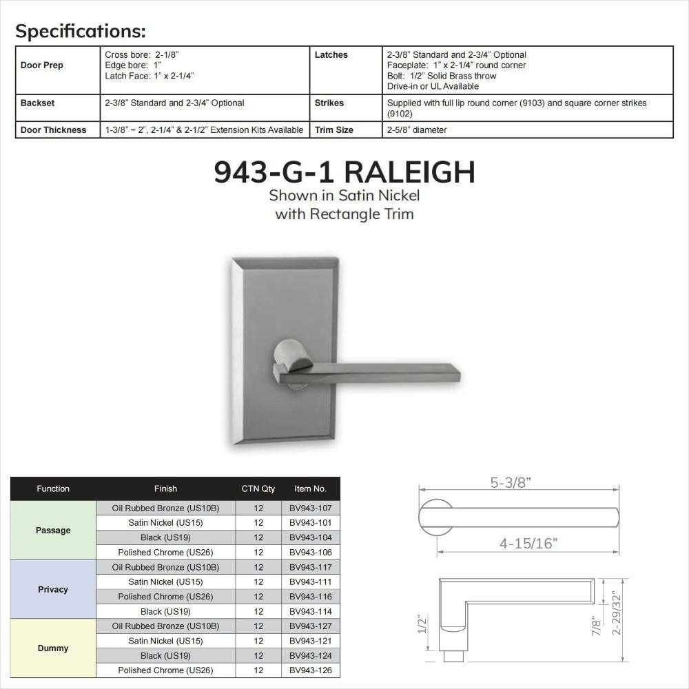 None Bravura Raleigh 943G-1 Privacy (Bed/Bath) Door Lever Bright Chrome w/ Rectangle Trim