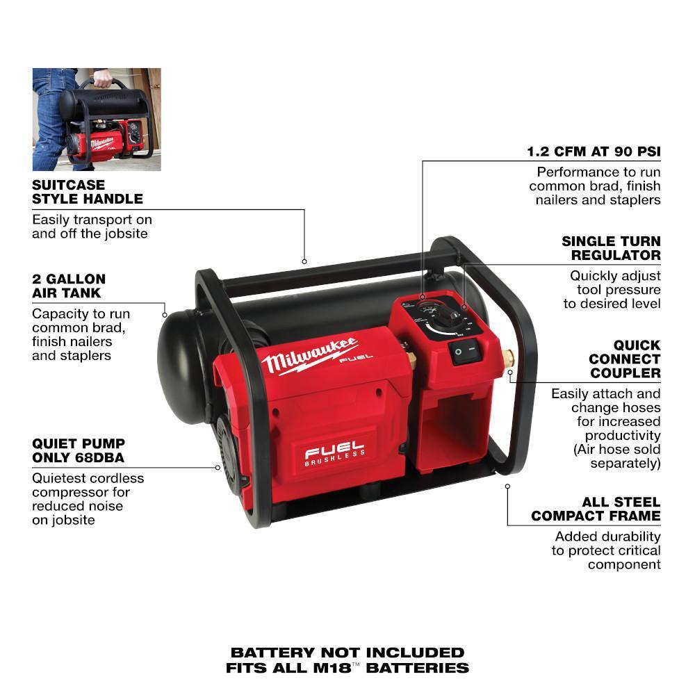 Milwaukee M18 FUEL 18-Volt Brushless Cordless 2 Gal. Electric Quiet Compact Air Compressor w/M18 High Output Battery Pack 6.0Ah