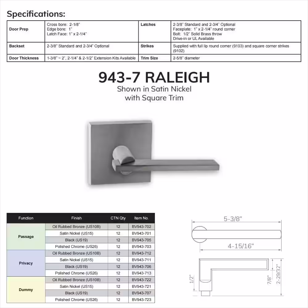 None Bravura Raleigh 943-7 Dummy Door Lever Oil Rubbed Bronze w/ square trim