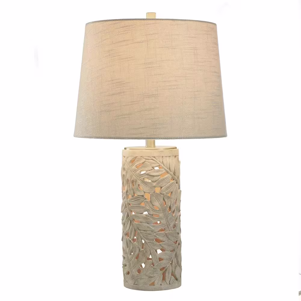 StyleCraft 28.5 in. Weathered Cream, Brass, Cream Candlestick Task and Reading Table Lamp for Living Room with Yellow Linen Shade