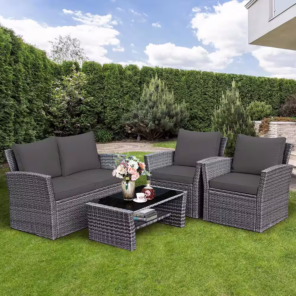Costway 4-Pieces Wicker Patio Conversation Set Sofa Table with Storage Shelf and Gray Cushion