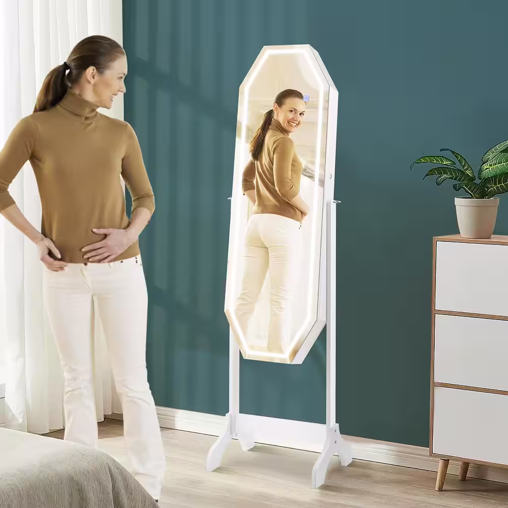 Costway 17.5 in. x 15.5 in. x 63.5 in. White Wood Standing Jewelry Cabinet Armoire Organizer LED Light Mirror Lockable