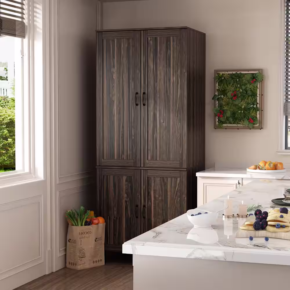 None 78.7 in. H Brown Wood Grain 4-Door Accent Cabinet Classic Style Kitchen Pantry Storage Cabinet With Adjustable Hinges