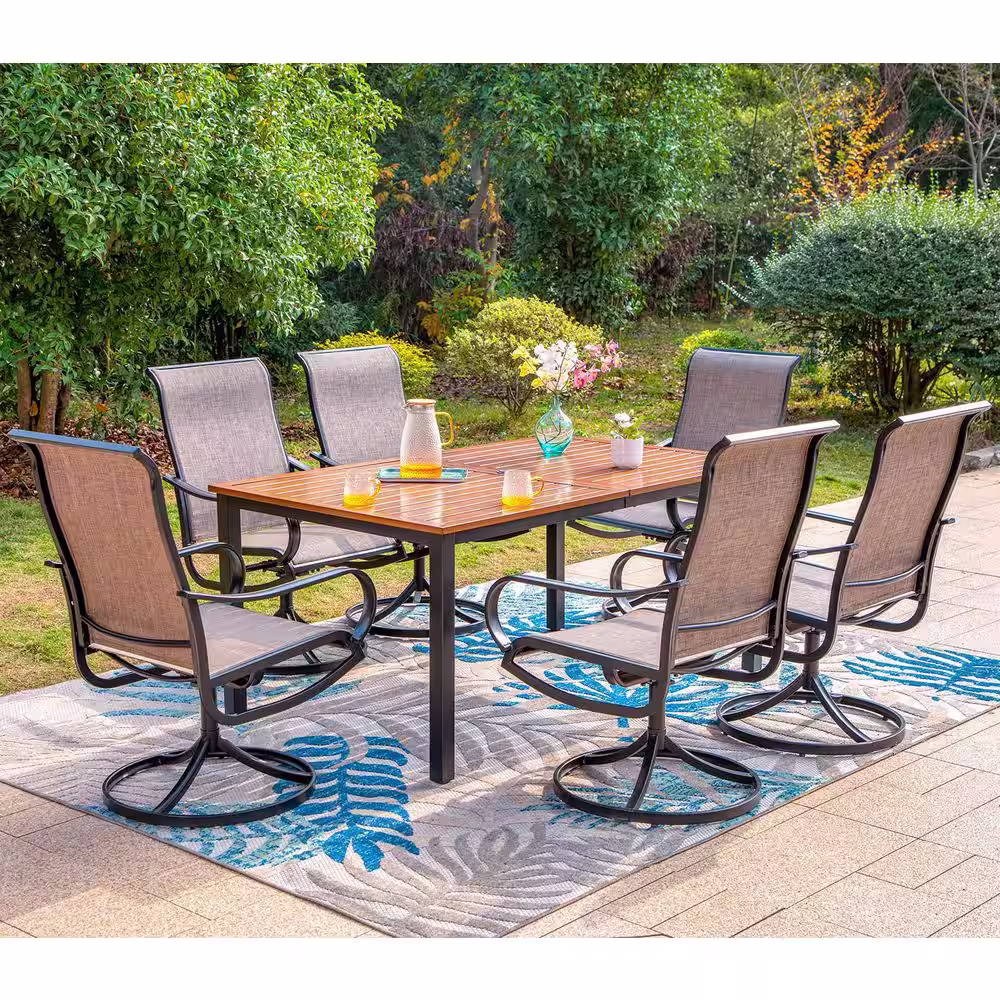 None Black 7-Piece Metal Patio Outdoor Dining Set with Straight-Leg Rectangle Table and Textilene Swivel Chairs