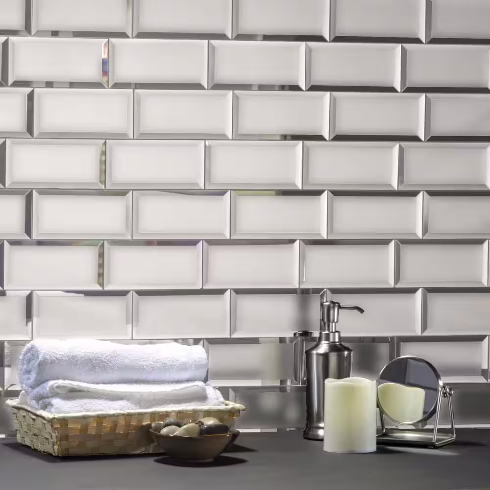 ABOLOS Reflections Frosted Silver Beveled Subway 3 in. x 6 in. Matte Glass Mirror Wall Tile (10 sq. ft./Case)