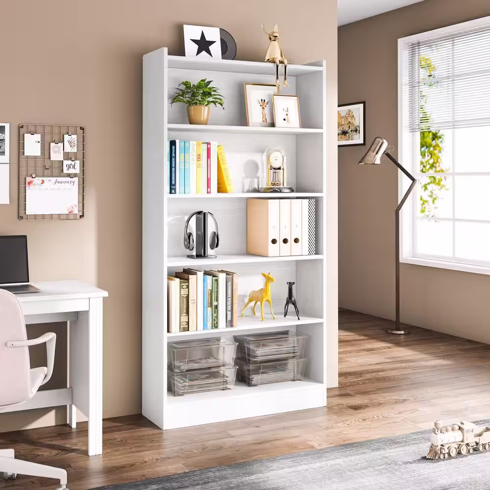 None Earlimart 72 in. Modern Wood Tall Etagere Bookcase, White Bookshelf Organizer With 6-Tier Storage Shelf