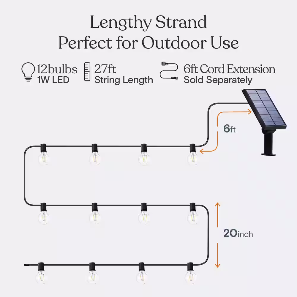Brightech Ambience Pro 12-Light 27 ft. Outdoor Solar 1W 2700k LED G45 Globe Bulb String-Light