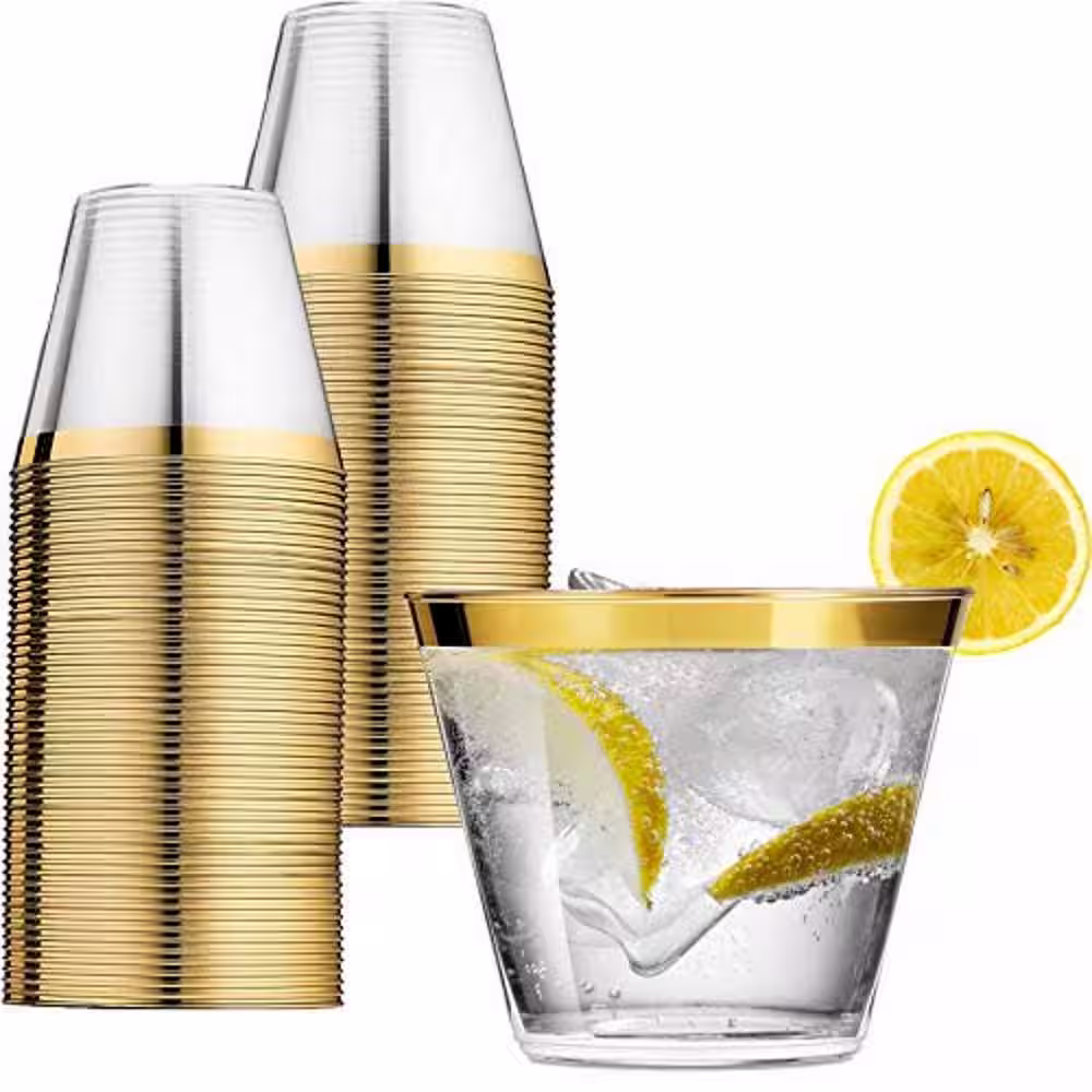 None 9 oz. Gold Rim Clear Disposable Plastic Cups, Party, Cold Drinks, (110-Pack)