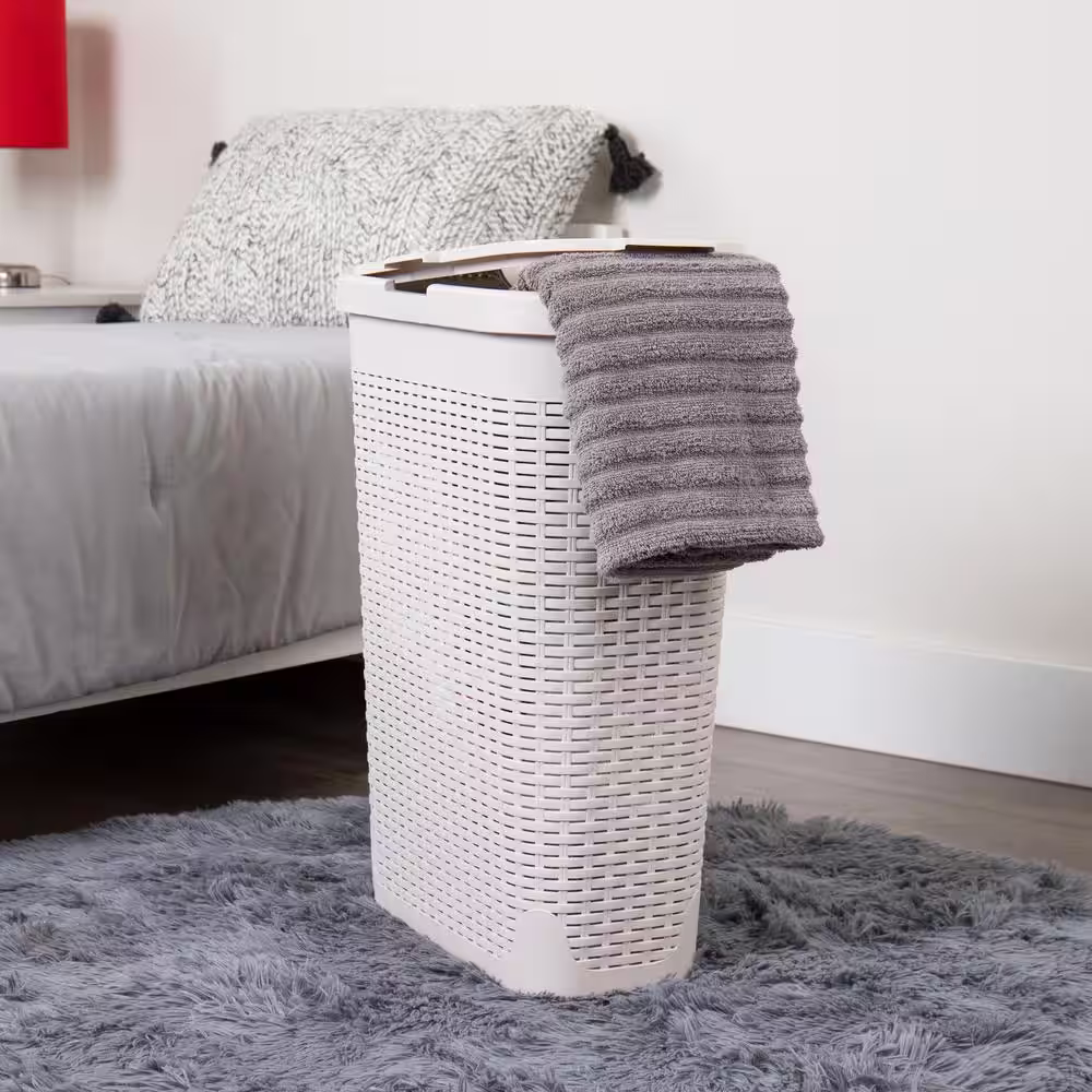 Mind Reader Basket Collection, Slim Laundry Hamper, 40 Liter (15kg/33lbs) Capacity, Cut Out Handles, Attached Hinged Lid, Ivory