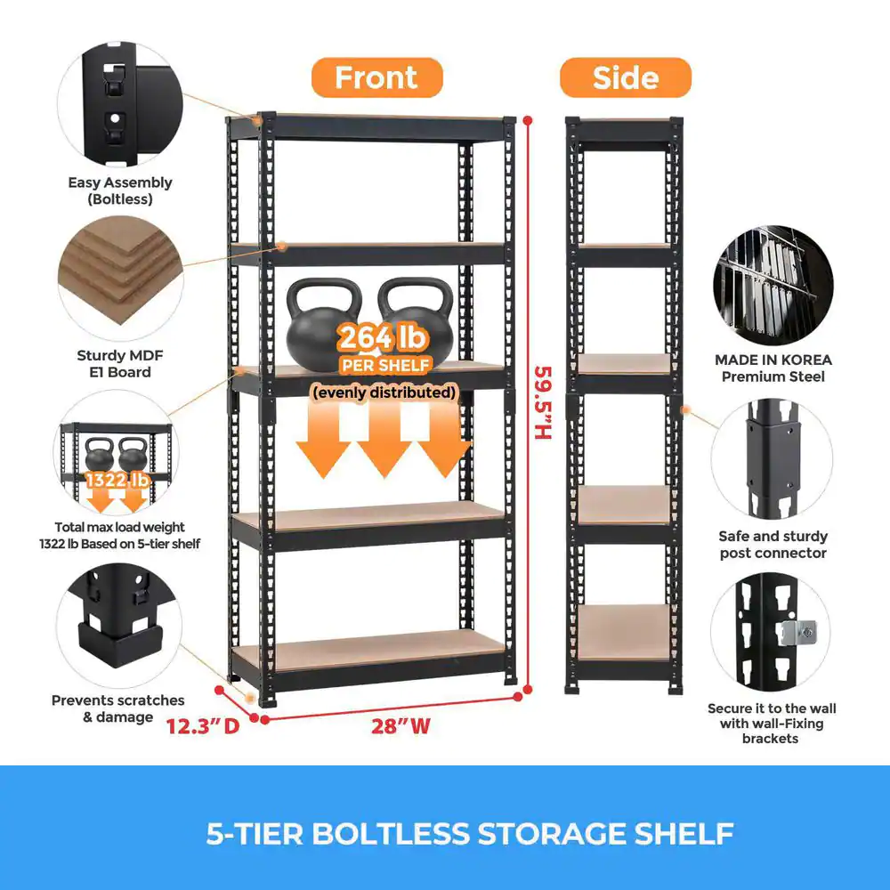 None Black 5-Tier Metal Garage Storage Shelving Unit (28 in. W x 60 in. H x 12 in. D)