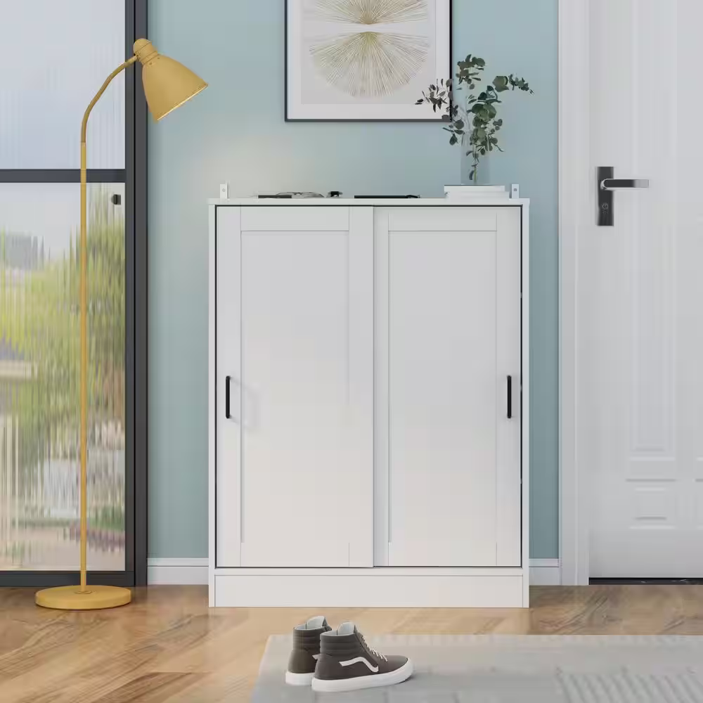 None 31.5 in. W x 40 in. H 16-Pair White Wood 2-Sliding Door Shoe Storage Cabinet