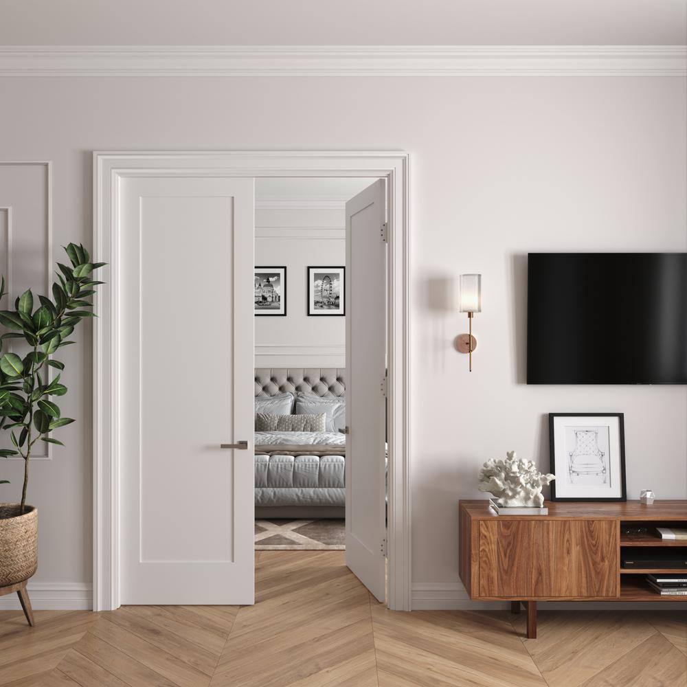 RESO 56 In. x 96 In.Bi-Parting Solid Core Primed White Composite Double Pre-hung French Door Catch Ball Black Hinges