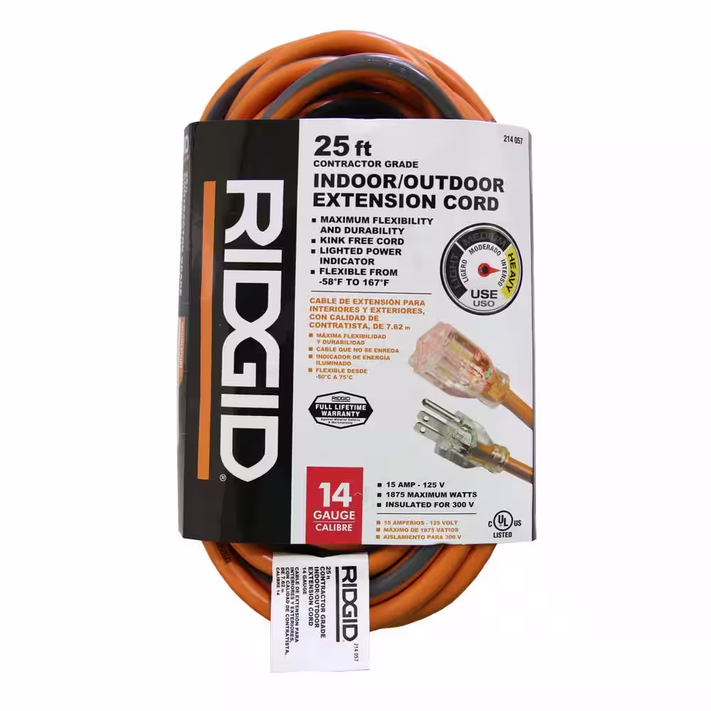RIDGID 25 ft. 14/3 Heavy-Duty Contractor-Grade Indoor/Outdoor Extension Cord in Orange and Gray (6-Pack)