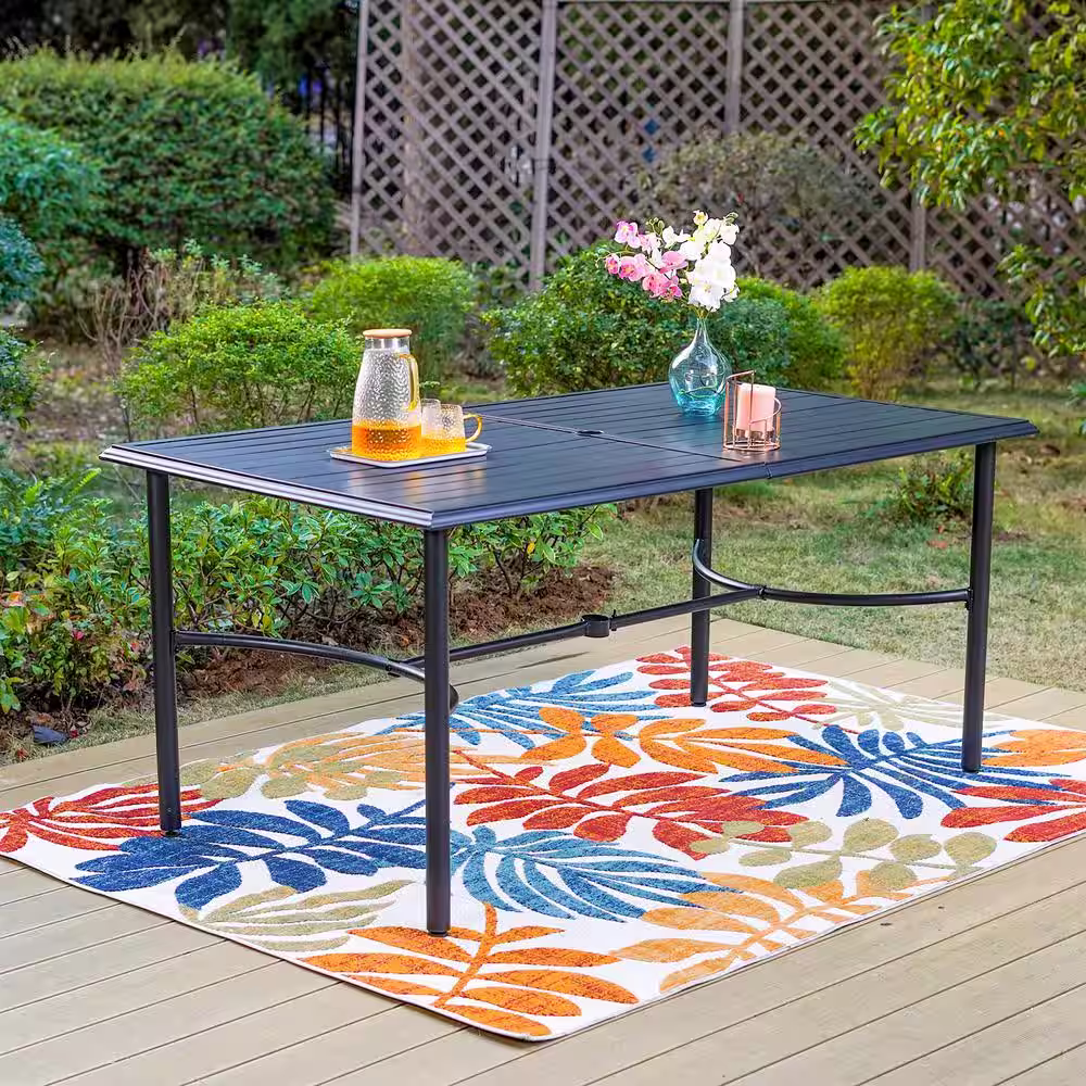 None Black 7-Piece Metal Outdoor Patio Dining Set with Rectangle Table and Fashion Stackable Chairs