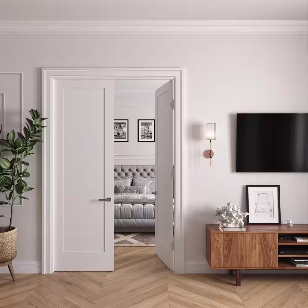 RESO 44 In. x 96 In.Bi-Parting Solid Core Primed White Composite Double Pre-hung French Door Catch Ball Satin Nickel Hinges