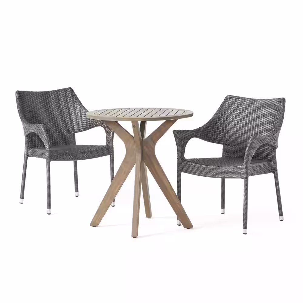 Noble House Bryant Gray 3-Piece Wood and Faux Rattan Outdoor Bistro Set
