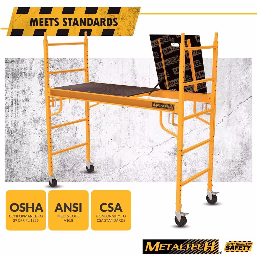 MetalTech Safeclimb Baker 6.2 ft. L x 6.25 ft. H x 2.5 ft. D Metal Scaffold Platform with Wheels and Base Plates, 1100lb. Capacity