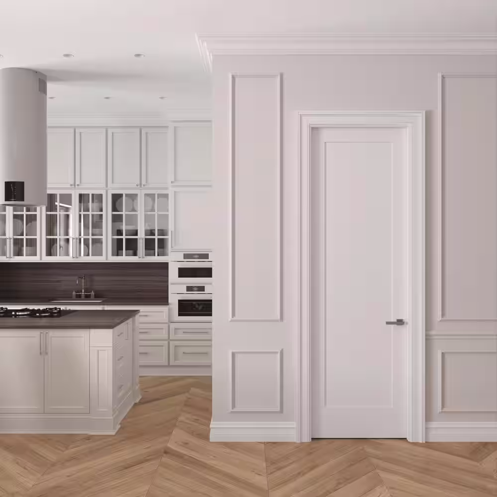 RESO 36 In.  x 96 In. Left-Handed Solid Core Primed White Composite Single Pre-hung Interior Door Polished Nickel Hinges