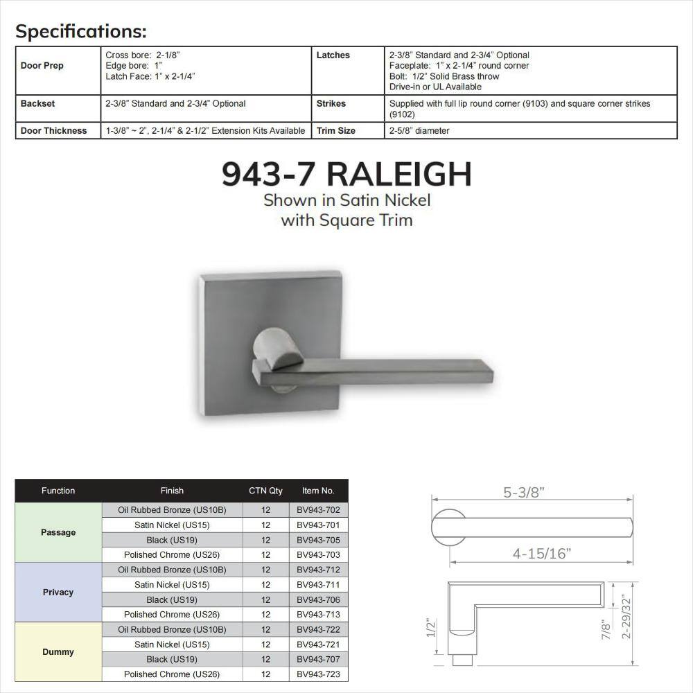 None Bravura Raleigh 943-7 Privacy (Bed/Bath) Door Lever Bright Chrome w/ square trim
