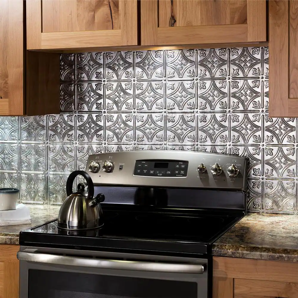 Fasade 18.25 in. x 24.25 in. Crosshatch Silver Traditional Style # 1 PVC Decorative Backsplash Panel
