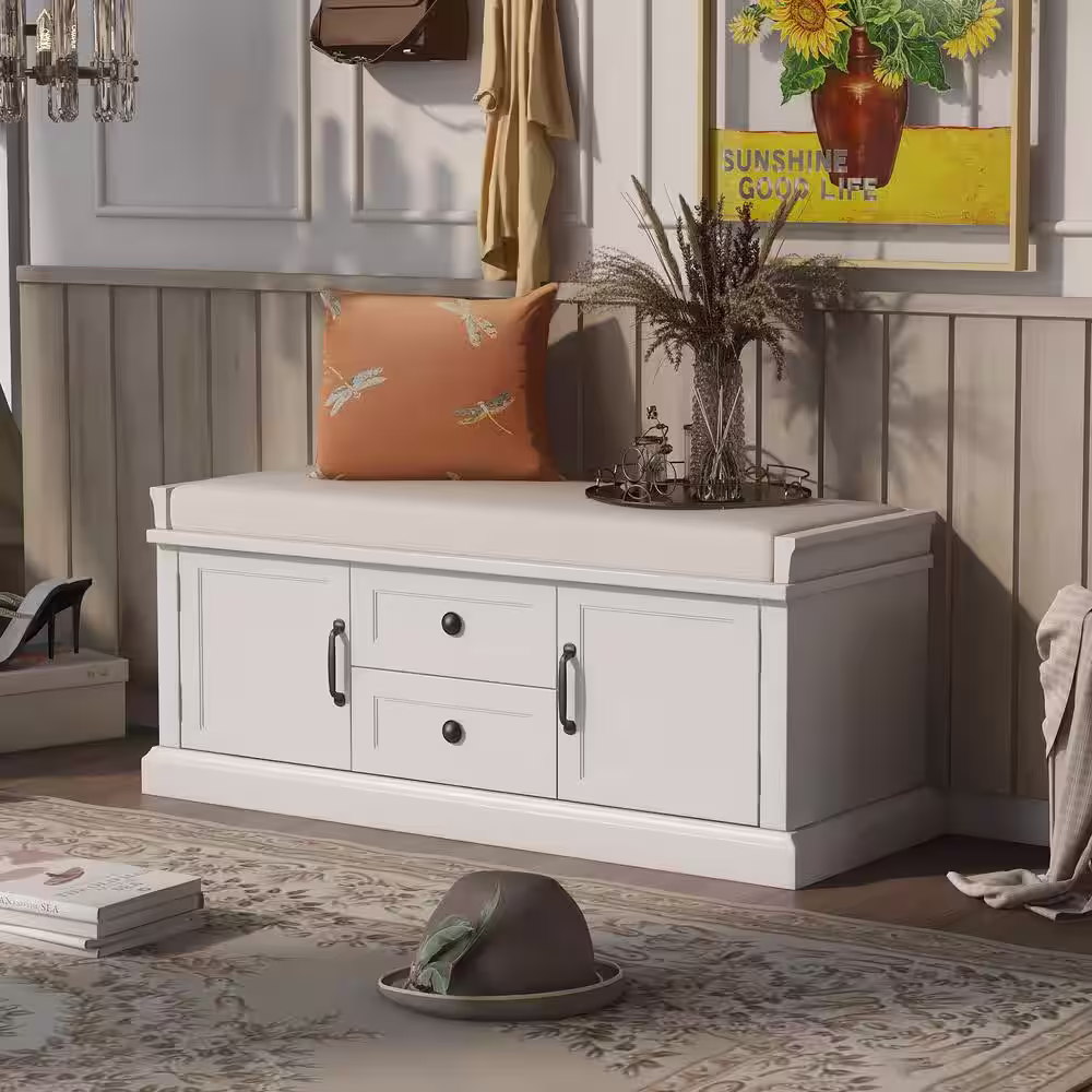 Polibi White Storage Bench with 2 Drawers and 2 cabinets for Living Room, Entryway (42.5''W x 15.9''D x 17.5''H)