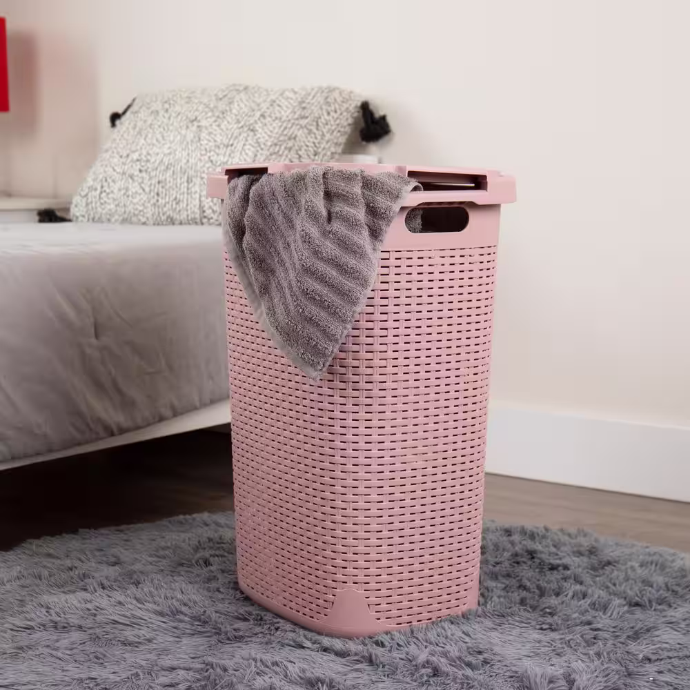 Mind Reader Basket Collection, Plastic Slim Laundry Hamper, 60 Liter (15kg/33lbs) Capacity, Attached Hinged Lid, Set of 2, Pink