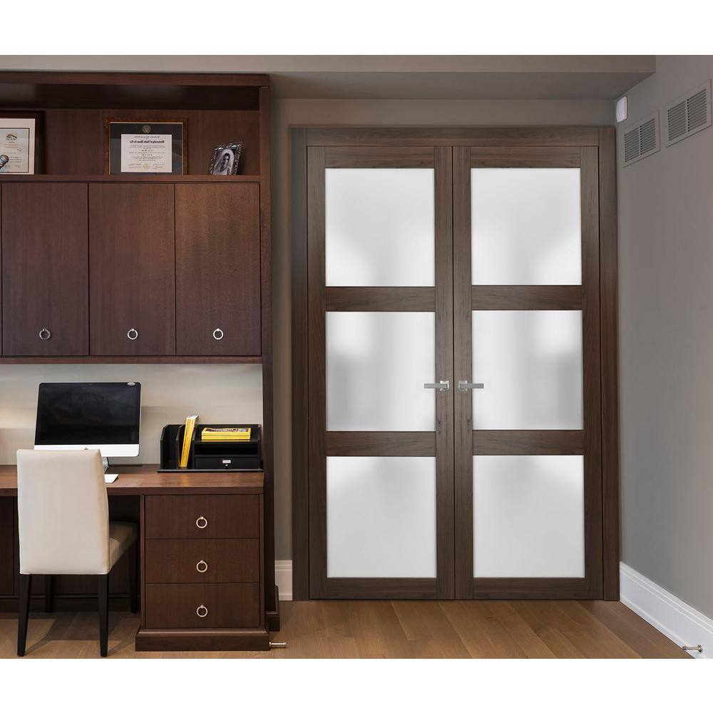 Sartodoors 2552 84 in. x 84 in. Universal Hanling 3-Lite Frosted Glass Solid Brown Finished Pine Wood Interior Door Slab