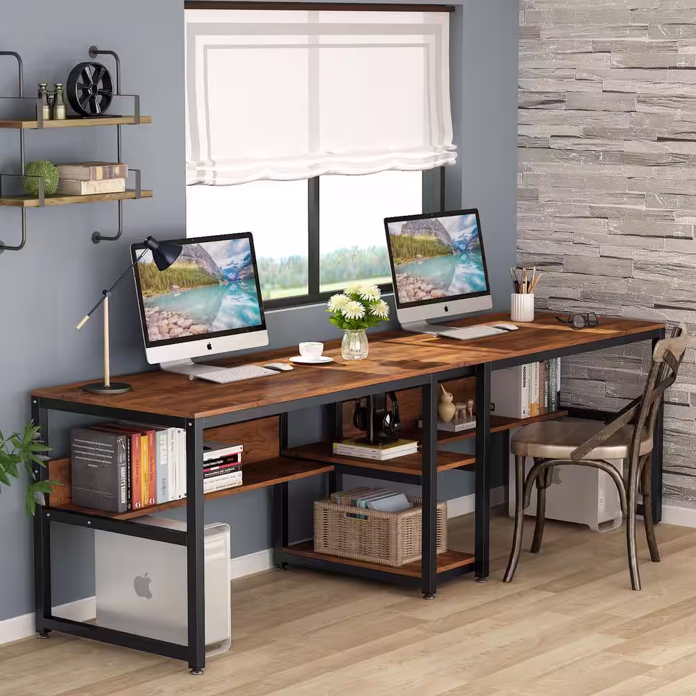 Tribesigns Cassey 78.7 in. Retangular Rustic Brown Wood and Metal Computer Desk Double Desk for Two Person with Shelf
