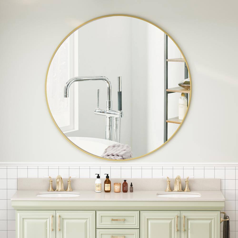 None 42 in. W x 42 in. H Round Framed Wall Mounted Gold Circular Mirror for Bathroom, Living Room, Bedroom