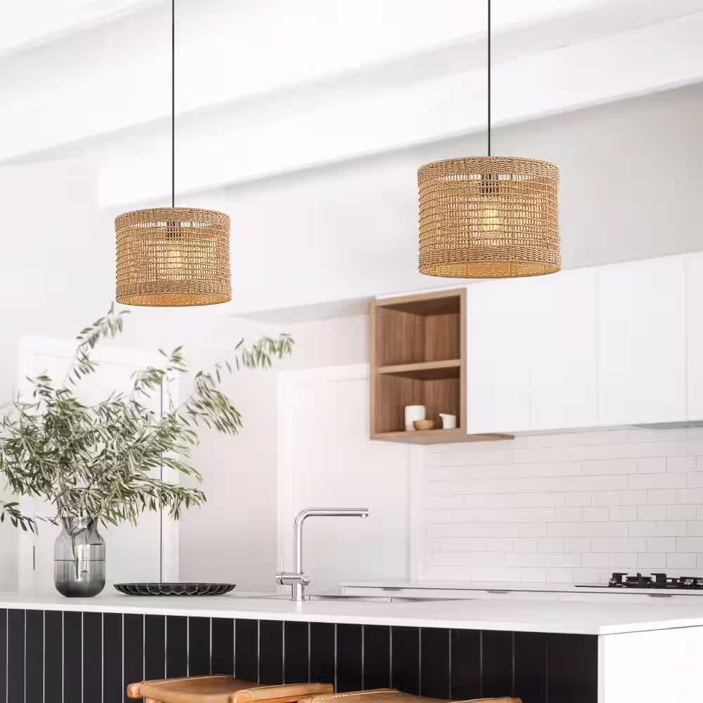 TRUE FINE Bohe 13.8 in. 1-Light Black Bohemian Island Pendant with Natural Rattan Shade