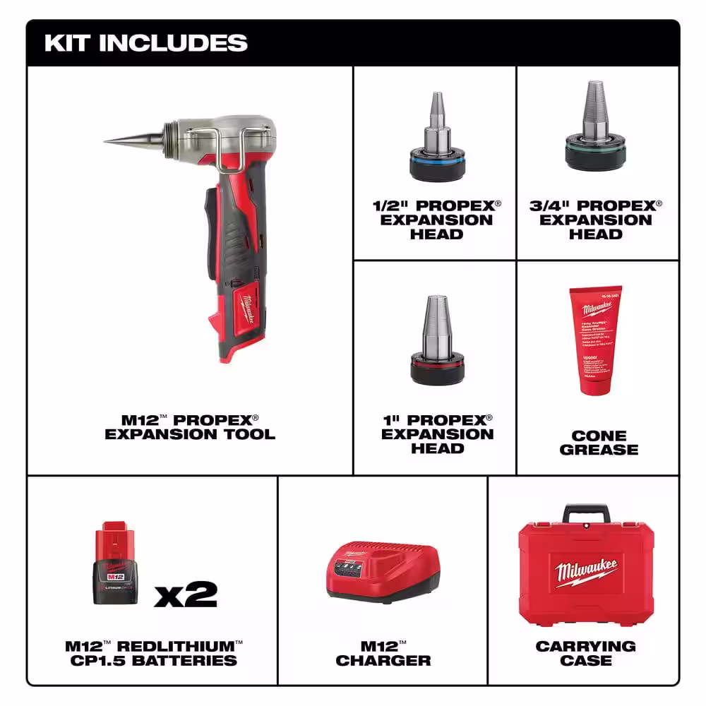 Milwaukee M12 ProPEX Expansion Tool Kit w/(2) 1.5Ah Batteries, 3 Expansion Heads, Hard Case w/1 in. PEX and Tubing Cutter