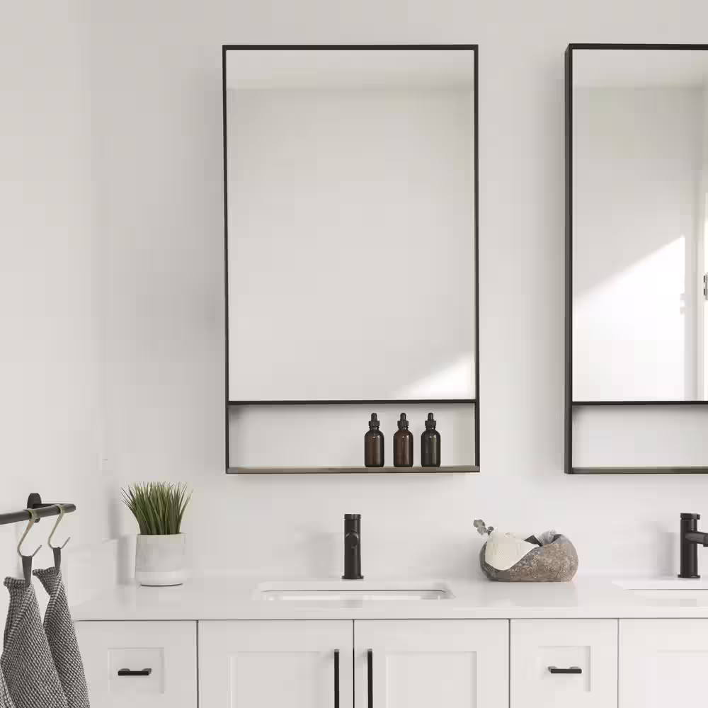 Mercana Cora 24 in. W x 40 in. H Black Metal Rectangular Wall Mirror with Brown Wooden Shelf