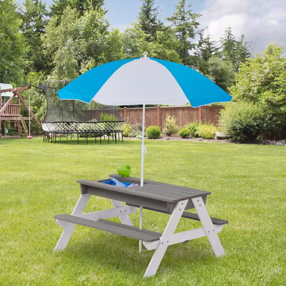 BTMWAY 3-in-1 Kids Rectangular Wood Outdoor Picnic Table with Bench & Umbrella, Convertible Sand & Wate