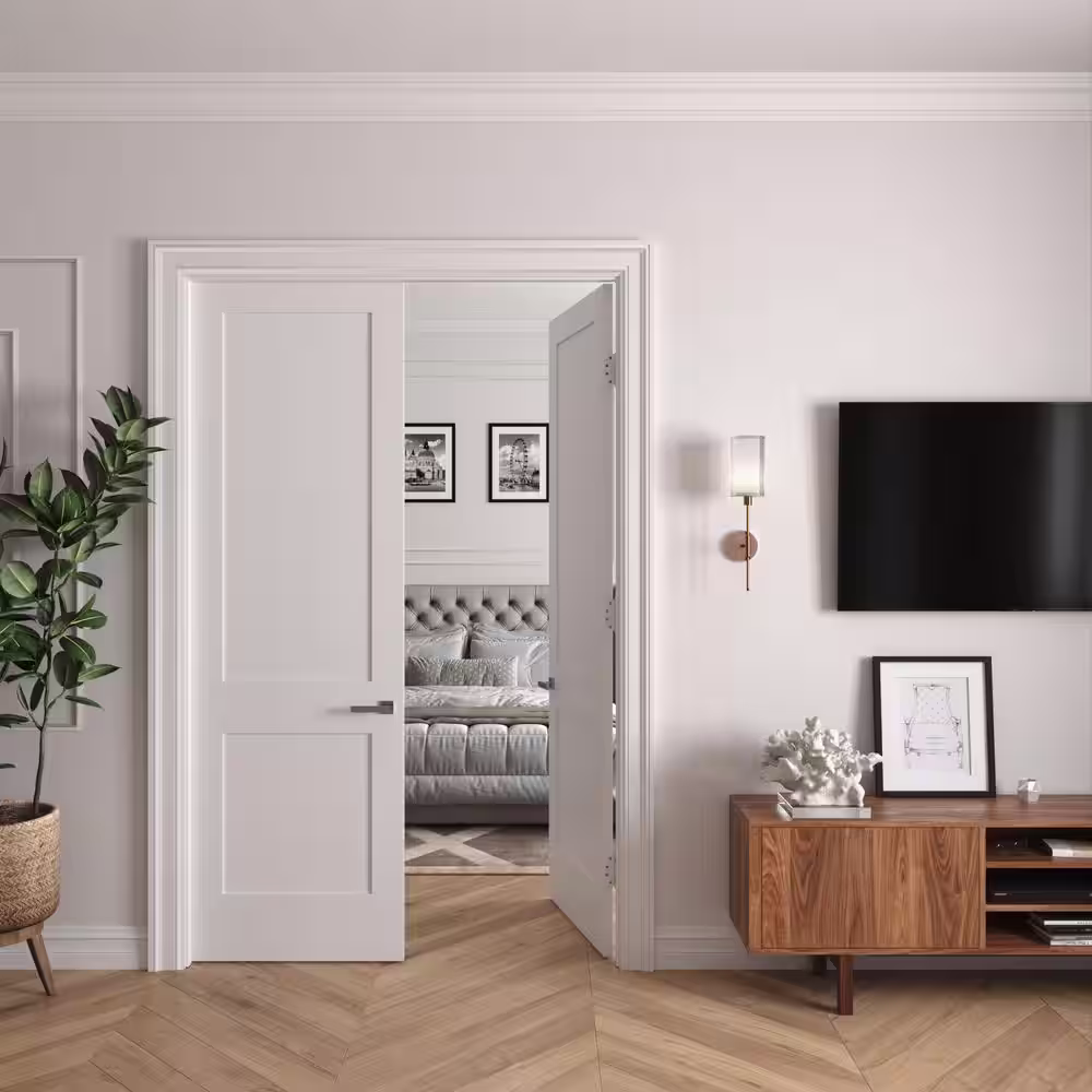 RESO 56 in. x 96 in. Bi-Parting Solid Core Primed White Composite Wood Double Pre-hung interior French Door Polished Nickel