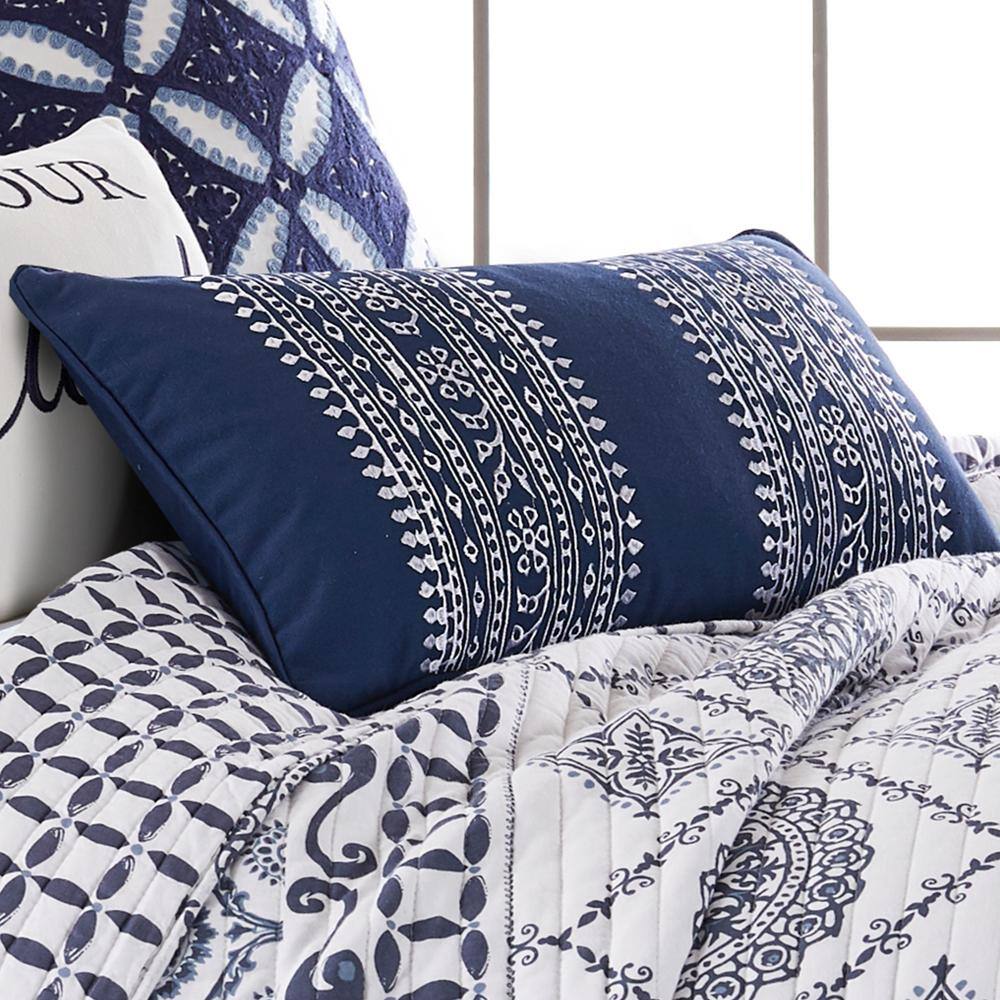 None Valentina Navy, White Floral, Stripe Embroidered 24 in. x 12 in. Throw Pillow