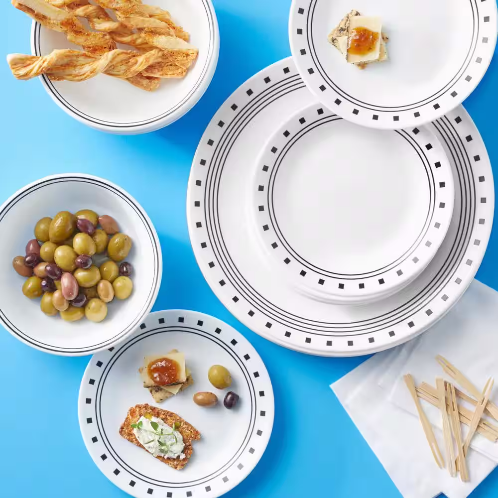 Corelle City Block 18-piece Black and White Glass Dinnerware Set, Service for 6