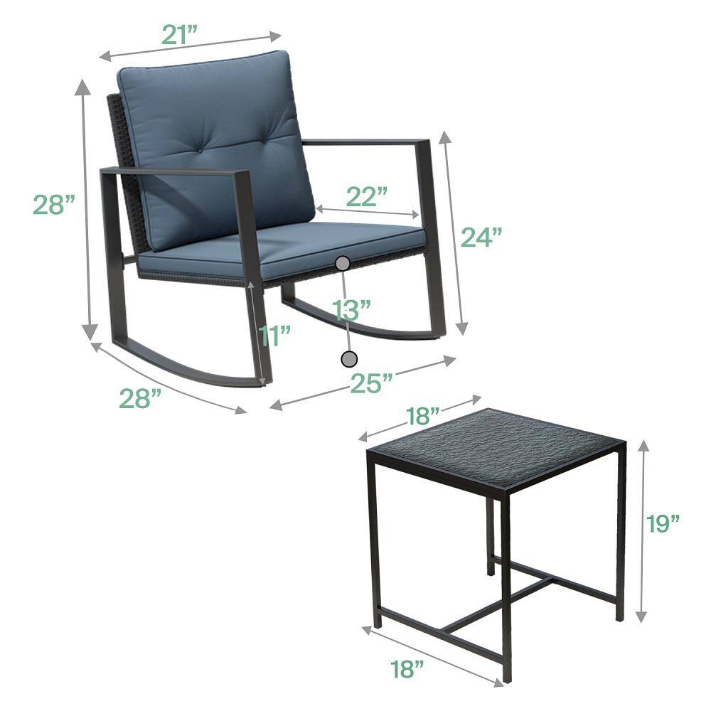 Pyramid Home Decor Serenity Decor 3-Piece Rocking Bistro Set--Glass Coffee Table with 2 Chairs-Gray